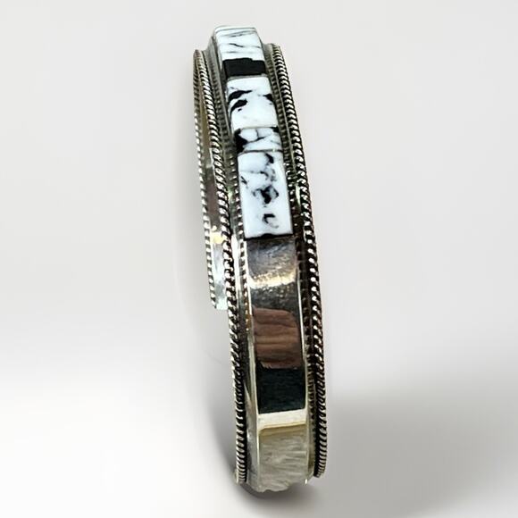Navajo Handmade Sterling Silver White Buffalo Inlay Cuff Bracelet by F Yazzie - Picture 5 of 16